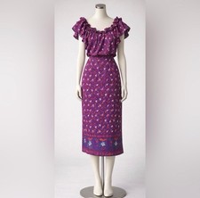 Vintage Christian Dior Silk Floral Dress Purple Ruffle Neck Midi 90s US 8