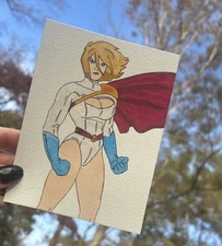 Original Art ACEO ATC Miniature Watercolor Power Girl 