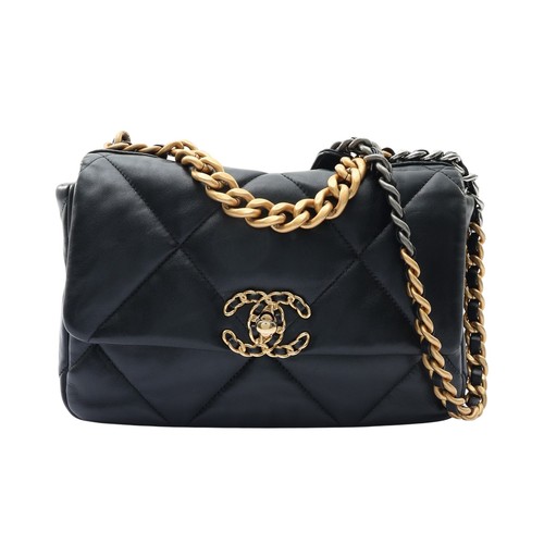 CHANEL 19 Flap Shoulder Bag Black Lambskin Leather Gold Hardware AS1160