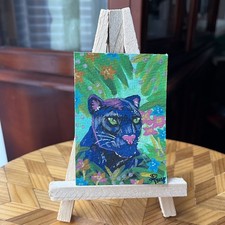 ACEO Original Abstract Art Card - Mighty Jungle Black Panther By Anahi En Color 