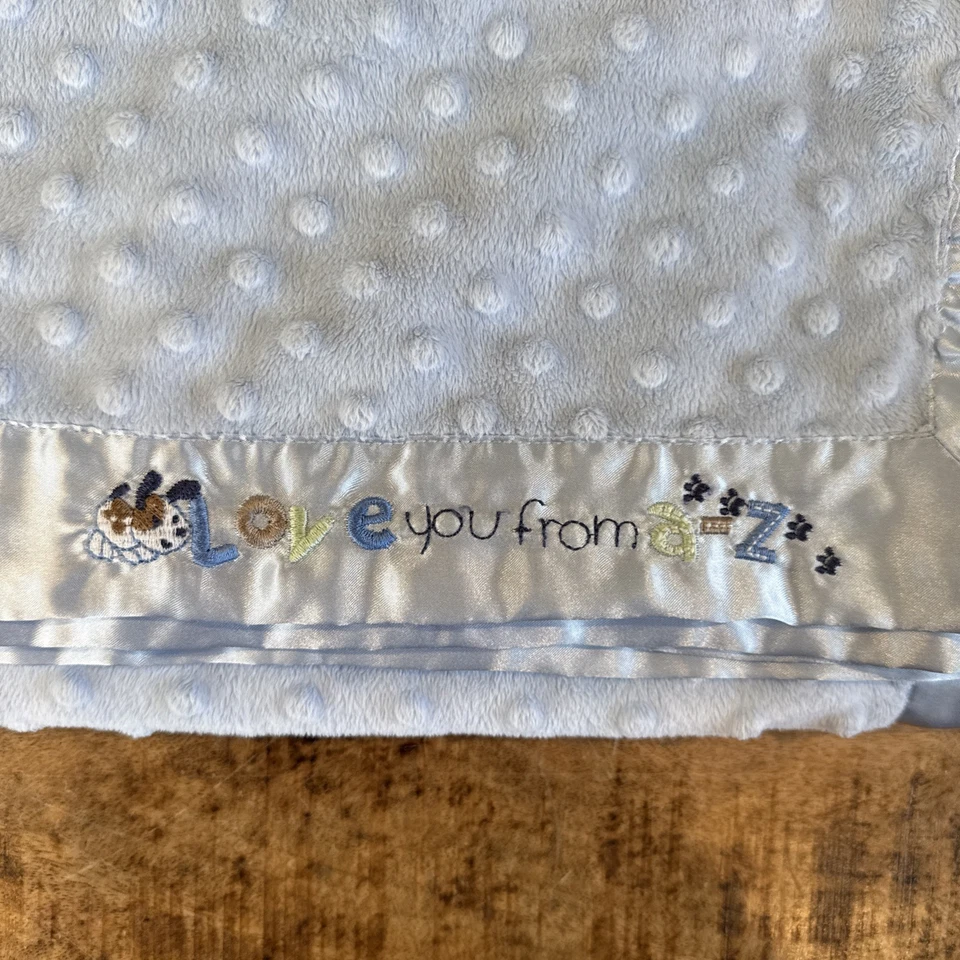 Just One Year Blue Minky Dot Plush Love You From A-Z Baby Boy Blanket w Satin - Image 2 of 4