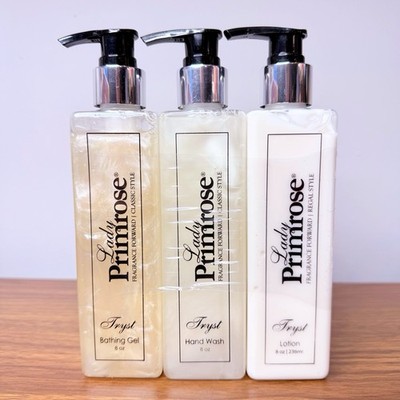 NEW Lady Primrose Tryst Bathing Gel, Hand Wash & Lotion 3 Piece Set 8 fl oz Each
