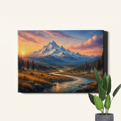 Snow Capped Mountain Canvas Print River Meadow Sunset Scene
