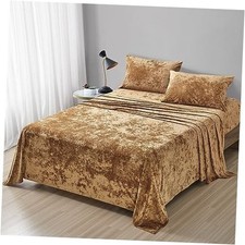 Distressed Velvet Sheet Set, 4 Pieces Ultra Soft, Warm Queen Caramel Gold