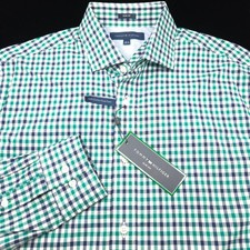 Tommy Hilfiger Button Dress Shirt 15.5 32-33 Slim Fit Green White Blue Check