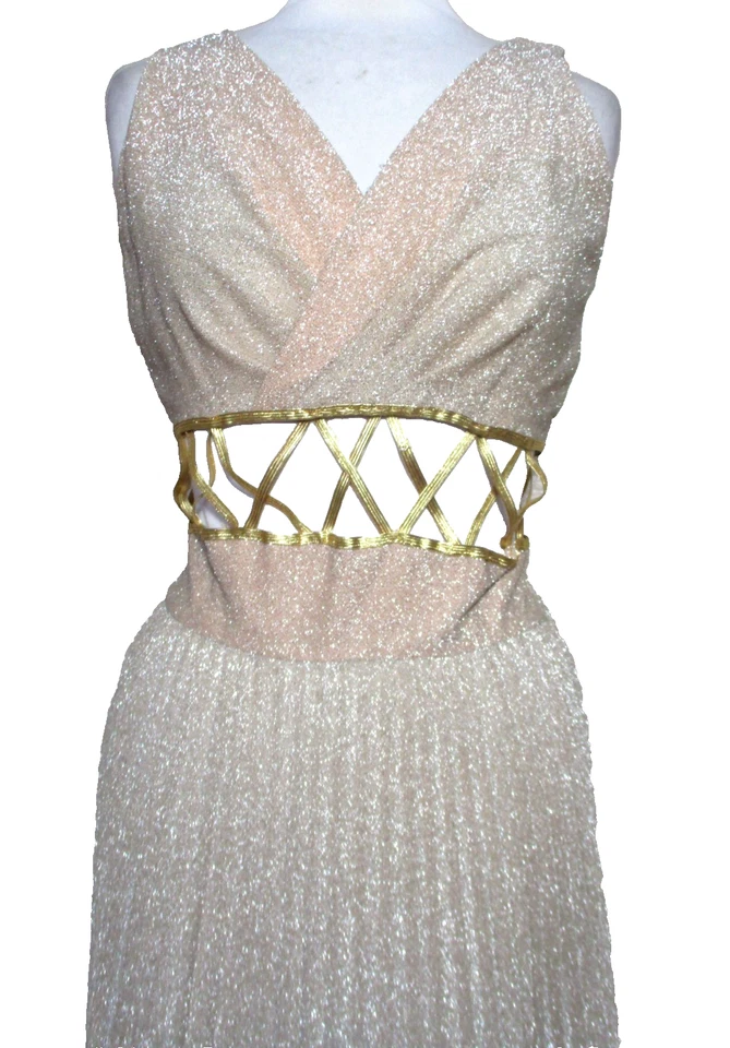 Maxi Vestido de Noche Leslie Fay Años 70 De Colección XS/S Mujer Dorado Cojo Recorte Foto 2 de 4