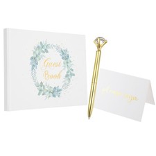 9.3x7" Green Wreath Cover Guest Book with Diamond Signing Pen and Greeting Card