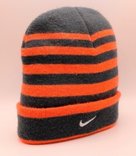 NIKE Youth Kids Knit Beanie Skull Cap Gray Orange Stripe Hat Warm Winter Boys