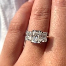 5CTW Radiant Cut Moissanite Three Stone Engagement Ring In 14k White Gold Plated