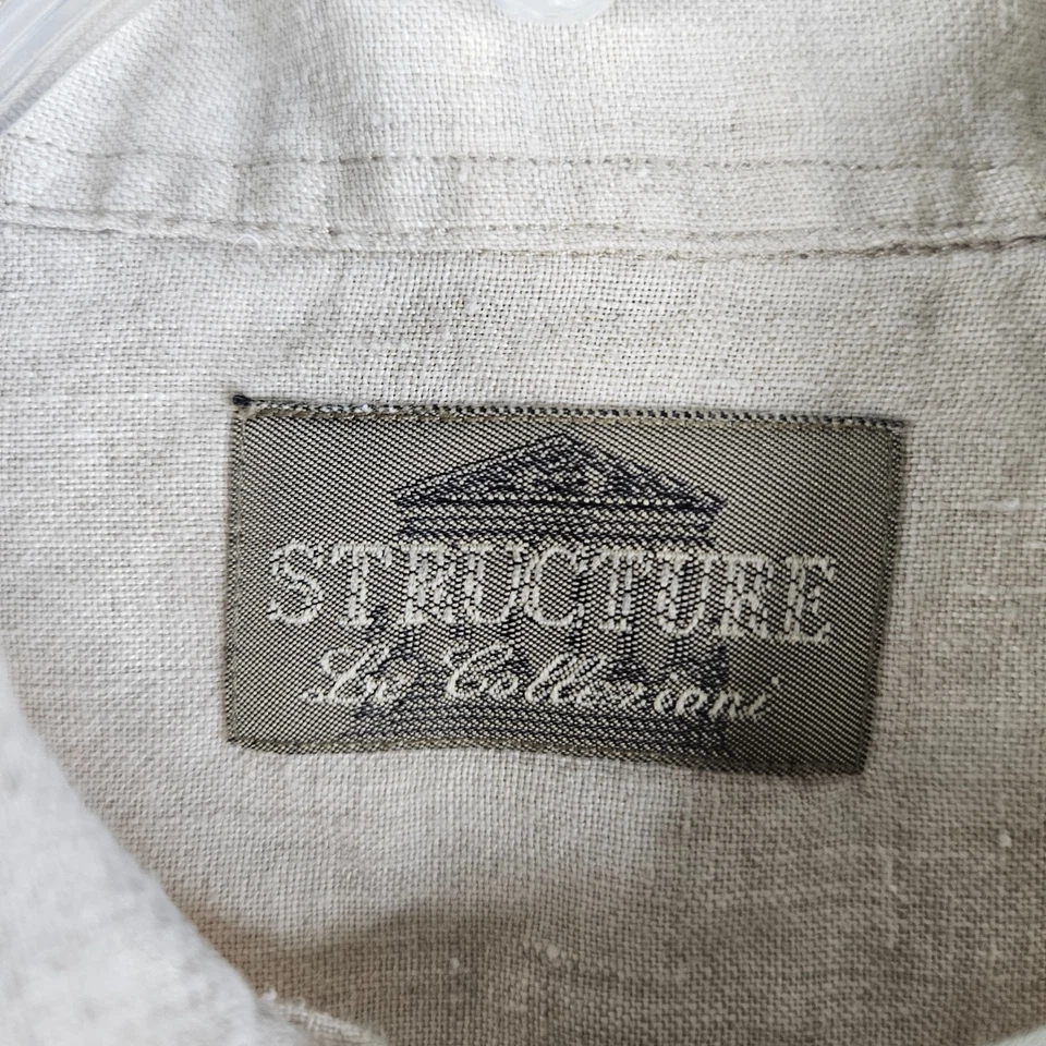 Camisa de lino Structure para hombre grande beige manga larga playa vacaciones bolsillo Foto 2 de 4