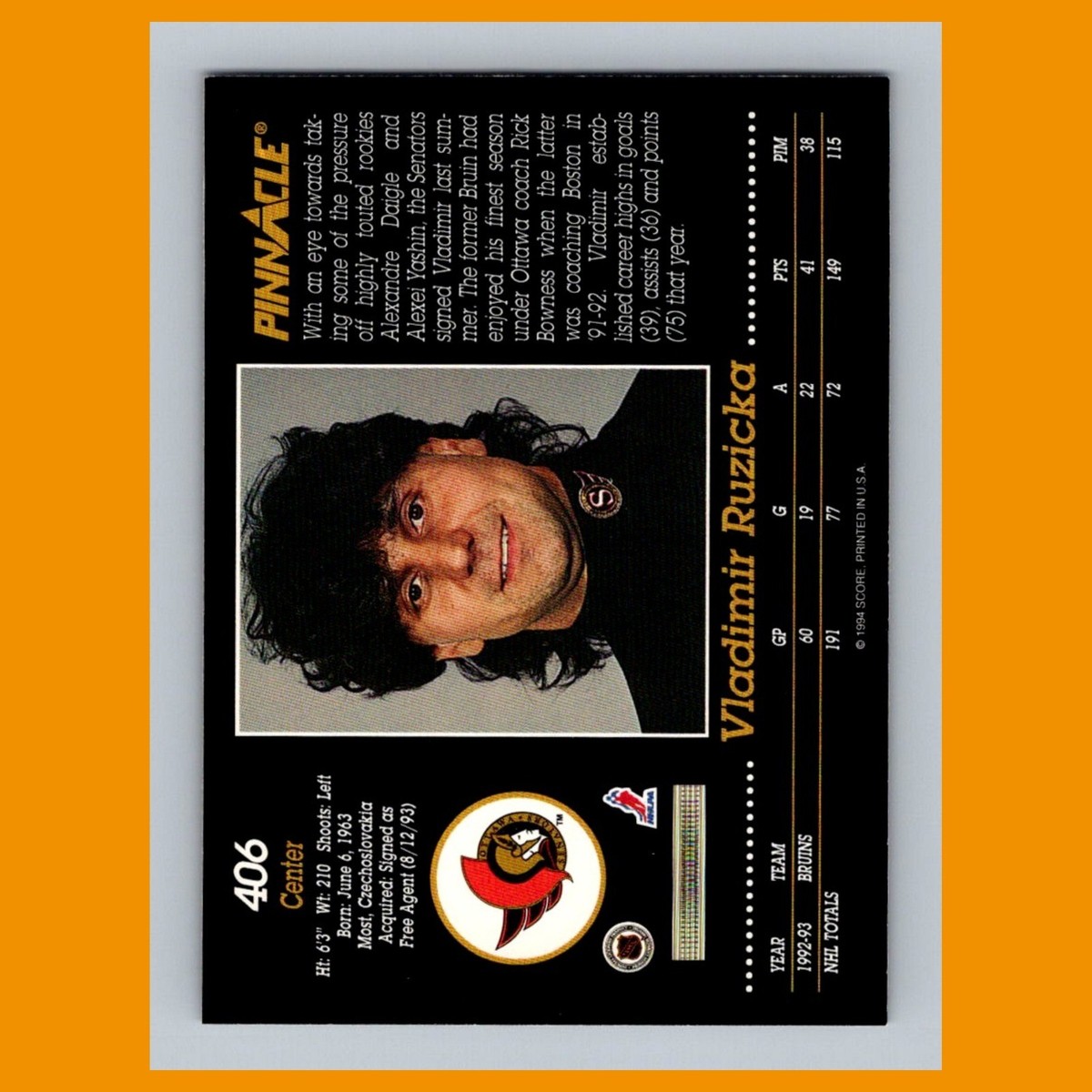 Vladimir Ruzicka #406 1993-94 Pinnacle Ottawa Senators Hockey Card