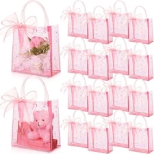 24 Pcs Clear Pink Gift Bags with Handles 6.3 x 5.9 x 2.8 Inch Wedding Transpa...
