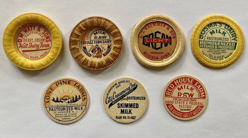 VINTAGE ANTIQUE MILK BOTTLE CAPS LOT OF 7 DAIRY FARMS AMERICANA