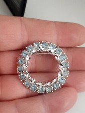 Vintage Wreath Light Blue Rhinestone Brooch Glass Rhinestone Circle Round Brooch