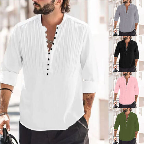 Herren Freizeit V-Ausschnitt Bluse Baumwolle Leinen Hemd Locker Top Lang Arm T ￢ - Bild 1 von 44