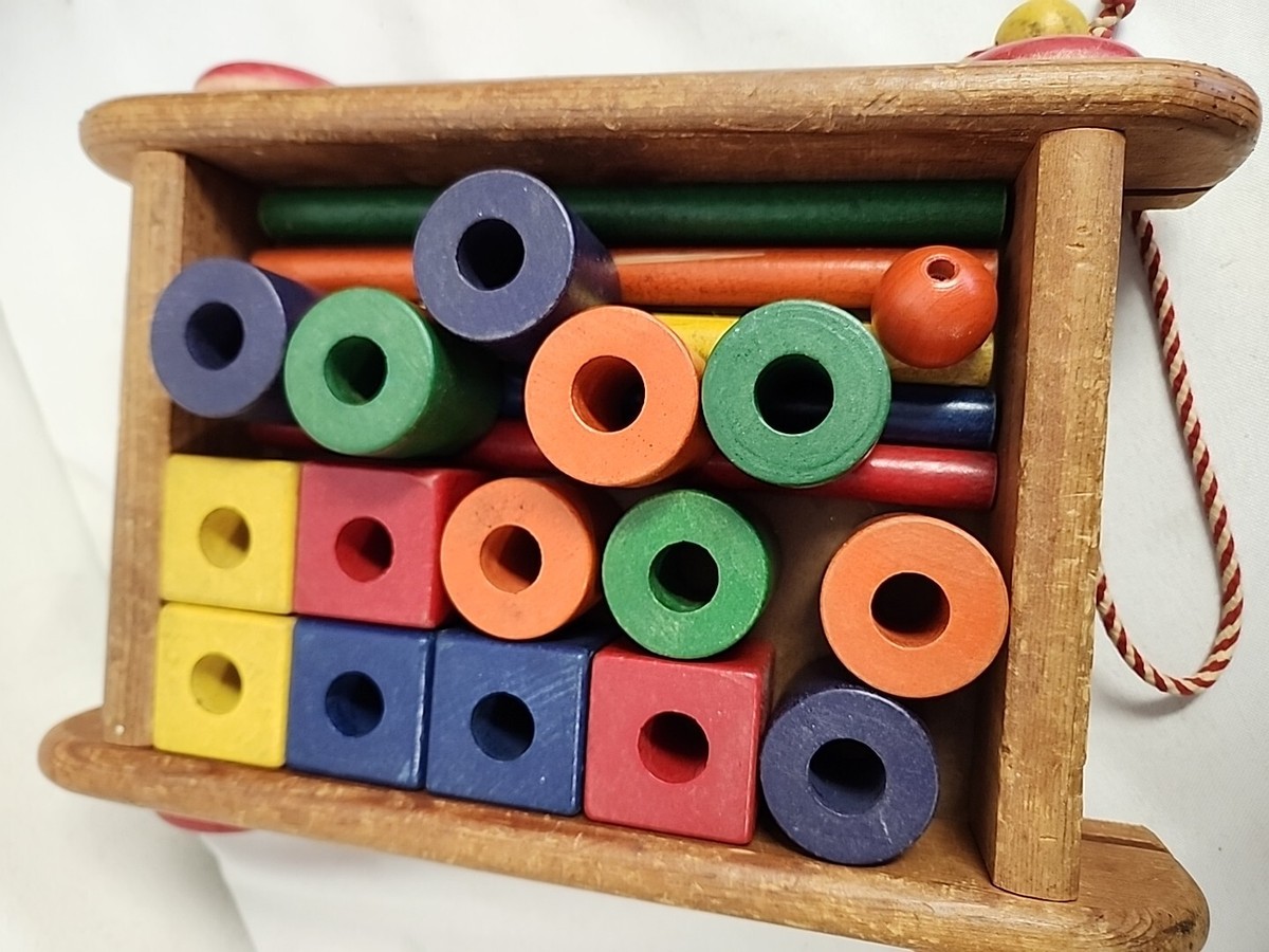 VINTAGE Playskool Wooden Pull Toy Wagon Filled With Blocks & Rods