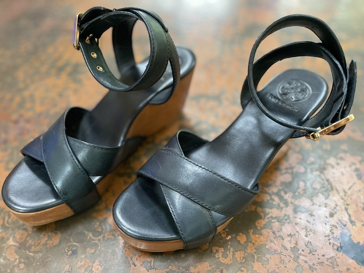 Tory Burch Almita black Leather Ankle Strap Platform Wedge Sandals