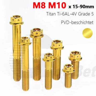 M8 M10 Titan Motorrad Bremssattel Schrauben Außensechskant Flansch 15-90mm Gold