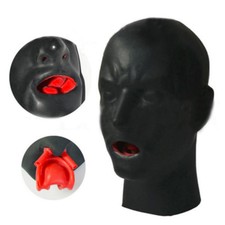 Men Black Latex Mask with Red Teeth Gag Nose Tube 1.0mm Thick Hood Back Zipper