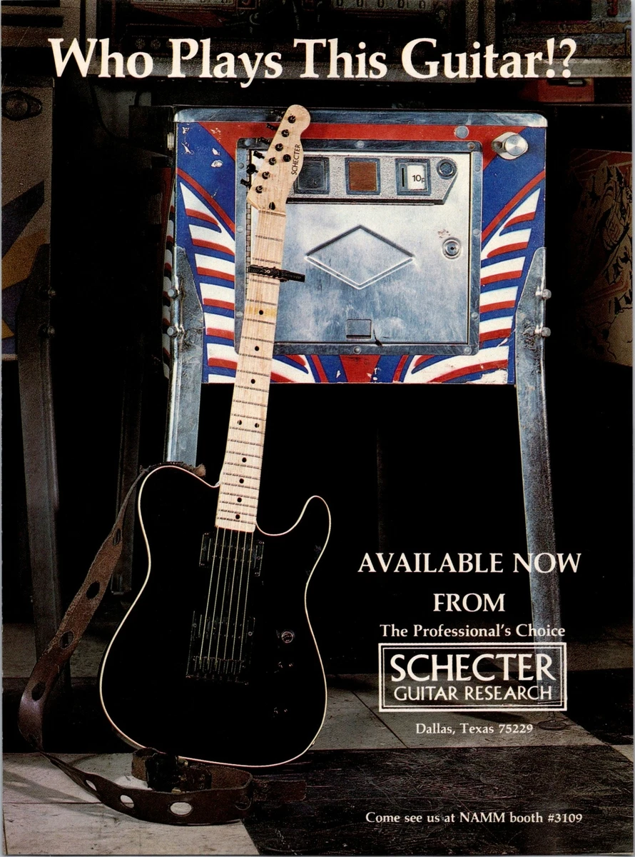 1984 VINTAGE 8X11 PRINT Ad FOR SCHECTER GUITARS LEANING ON A PINBALL MACHINE