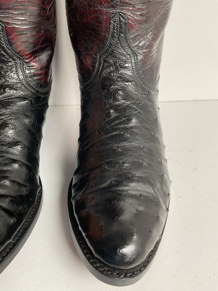 Bottes Lucchese Western Vintage 1980s Cuir Autruche Cerise Noire Taille 10