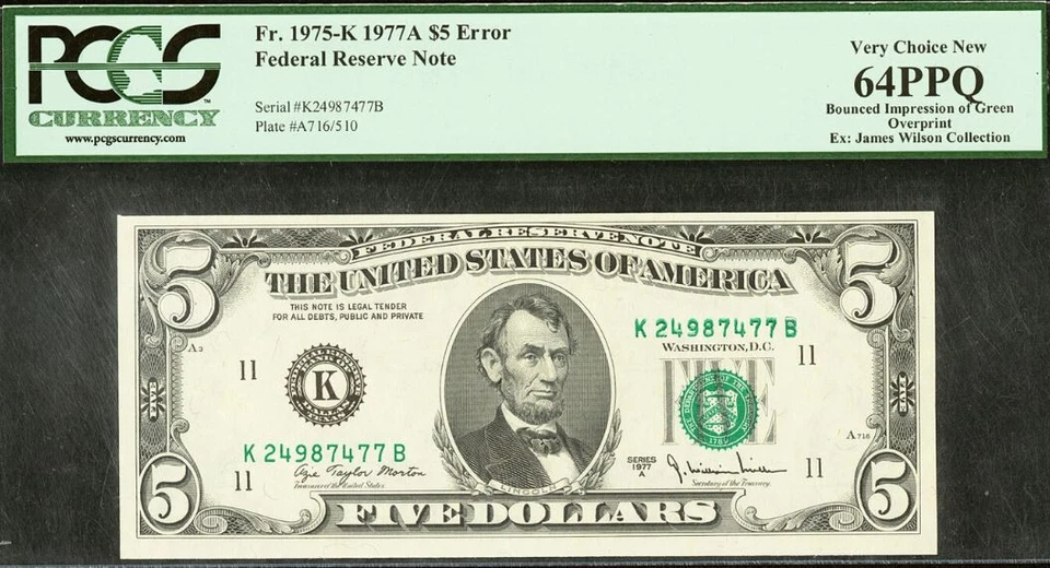 1977A $5 Federal Reserve Note PCGS 64PPQ - Bounced Impression Overprint - Error - Image 2 of 3