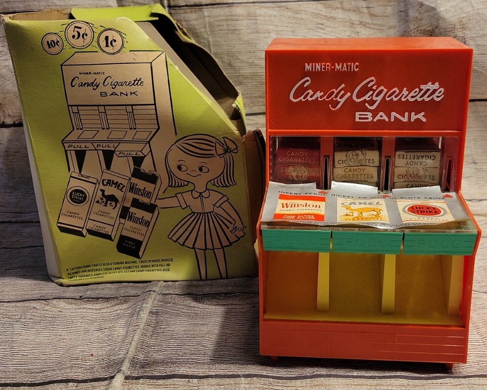 montano cigarette candy & tobacco VERY RARE Miner-Matic Candy Cigarette Bank Machine Vintage Toy Tobacco with  Box