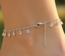 Elegant Silver Tone Floral Anklet Sparkling Clear CZ Flower Charm Chain Anklet