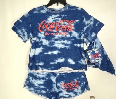 Coca Cola 3pc Pajama Set Large Graphic T-Shirt, Shorts & Bandana Blue Tie-Dye