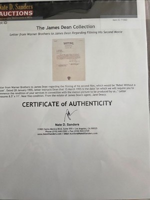 James Dean's Personal Warner Bros Jane Daecy Estate Rebel Without a cause