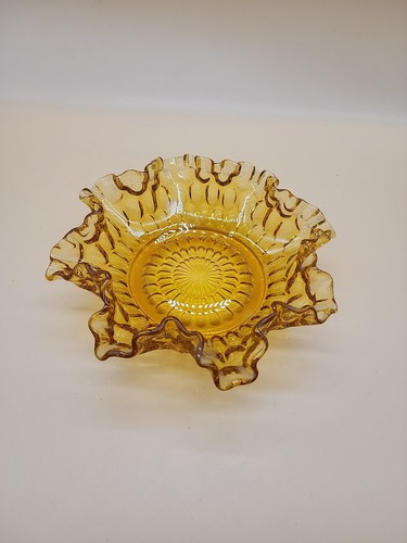 Fenton Ruffled Amber Glass Bowl Thumbprint Honeycomb Vintage Colonial Candy Dish - Picture 1 of 5
