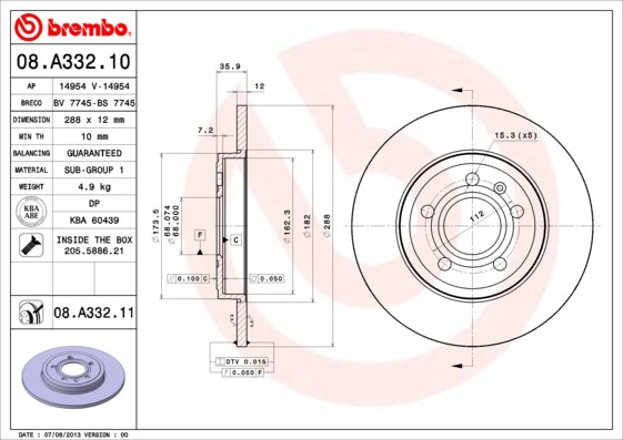 Disque de frein arrière 08.A332.11 Brembo compatible Audi A4 et Seat Altea 5 trous