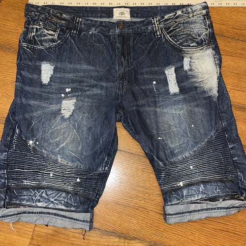 Smoke Rise Shorts Men's Size 44 Blue Denim Zipper Distressed Look Paint Splatter