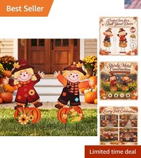 Vivid Autumn Scarecrow Yard Decor - 2 Metal Signs for Festive Outdoor Displays