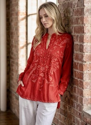 NEW Johnny Was 3X Plus Red Long Sleeve Tunic Top Blouse Shirt Embroidered Cool
