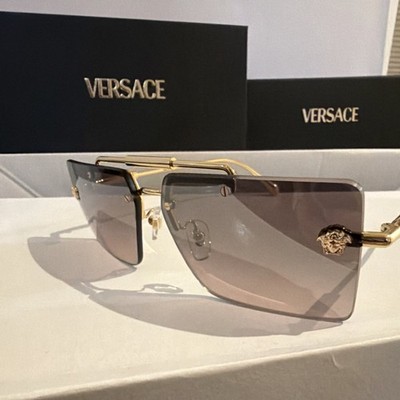 Versace Square Sunglasses Gold Metal Women Gray Gradient Rimless Oversized