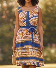 Kachel Sleeveless Mini Dress Size 6 Orange Blue Silk Printed Button Belted Boho