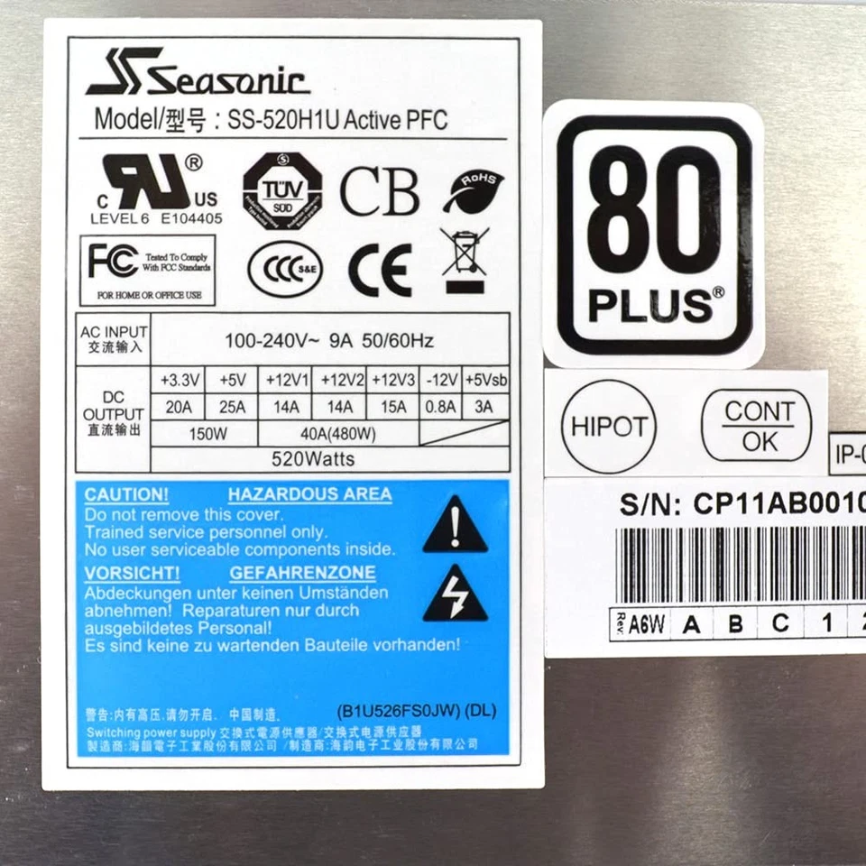 520W Seasonic SS-520H1U 1U 520W EPS12V PFC Single Power Supply SS520H1U - Image 2 of 4