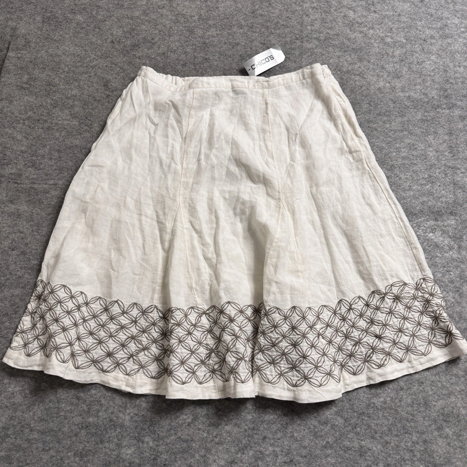 Chicos Linen Skirt Womens 3 Ivory Embroidered A Line Knee Resort Coastal NWT
