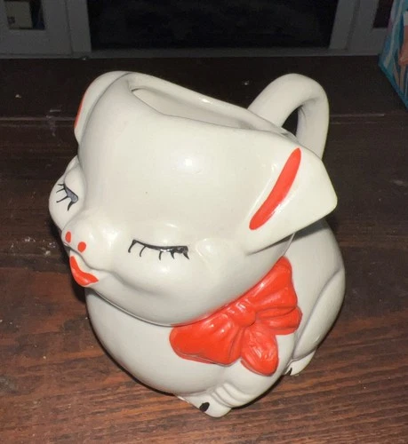 Shawnee Pottery Pitcher Creamer Smiling Pig Red Bow Vintage Look at Photos