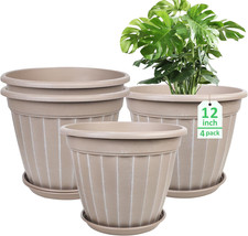 Beige Ceramic Planters with Saucers, Set of 4