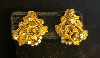 MIRIAM HASKELL Paisley Earrings Rhinestones Gold Filigree Signed 1950's Vintage