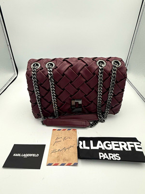 KARL LAGERFELD PARIS Small Burgundy Shoulder Bag Turn Lock Chain Strap Silver