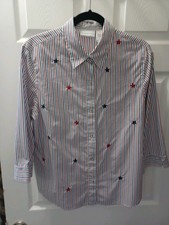 Alfred Dunner Women's Red, White, Blue Snap Front Shirt Size 14, 3/4 Sleeve