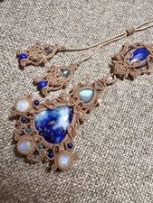 Afghanite Lava & Moonstone Lapis Lazuli Boho Macrame Power Stone Necklace, Used