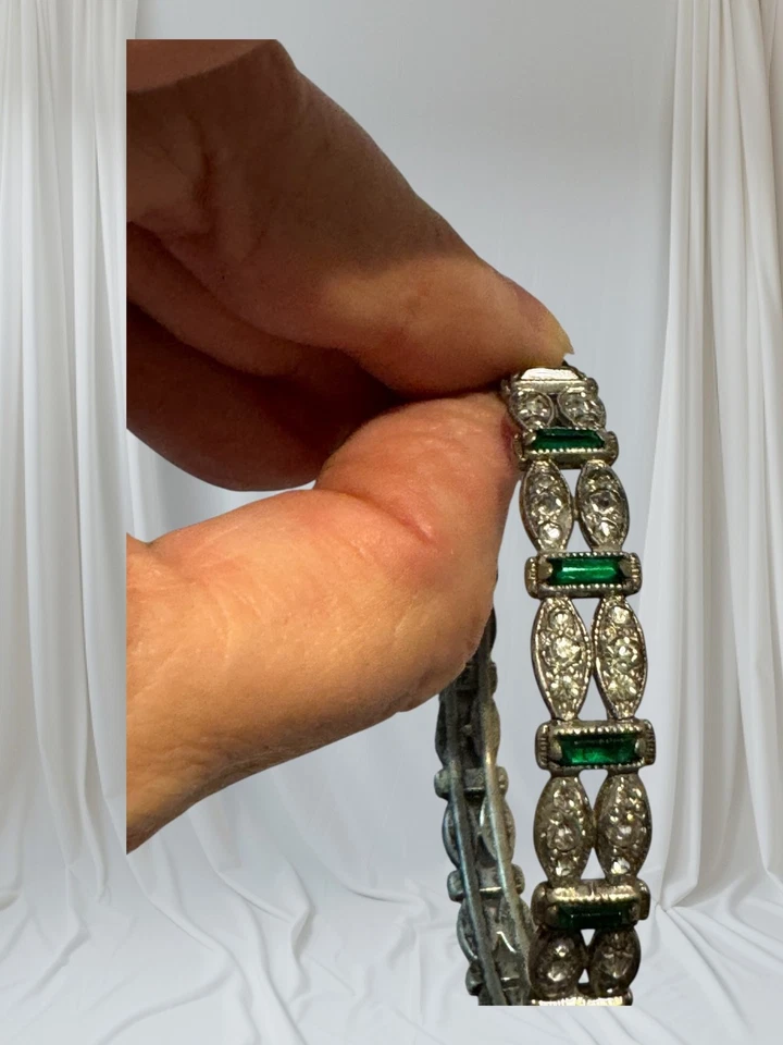 Antique Art Deco Silver Paste Hinged Bangle Bracelet w/ safety Needs TLC - Image 3 of 4