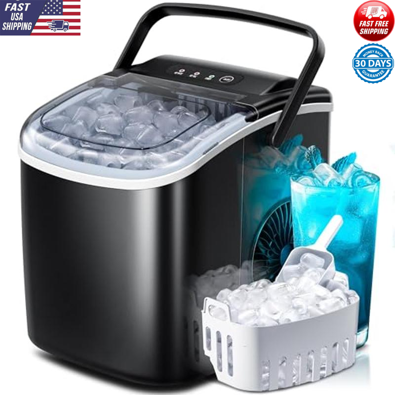 Portable Countertop Ice Maker 27lbs/24H Self-Cleaning Black Handle 6Min/9 Cubes