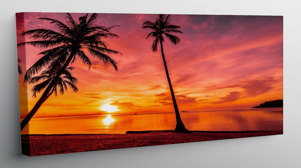 Quadro Moderno Tramonto Spiaggia Su Tela - Beige E Blu, Per Soggiorno E Corridoio | Stampa Alta Qualità