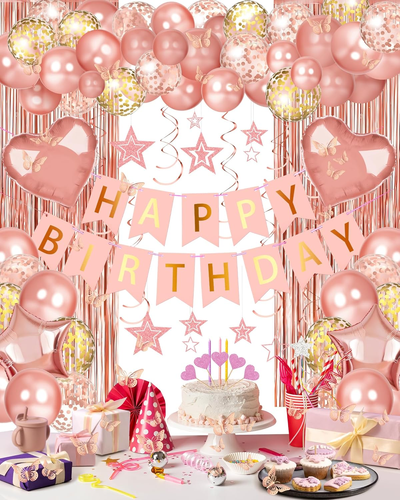 Rose Gold Birthday Party Decorations - Banner, Balloons, Confetti, Backdrop