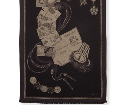 Etro Men's Long Black Graphic Scarf Silk-Blend Made in Italy Olive Green Luxury - Picture 6 of 7